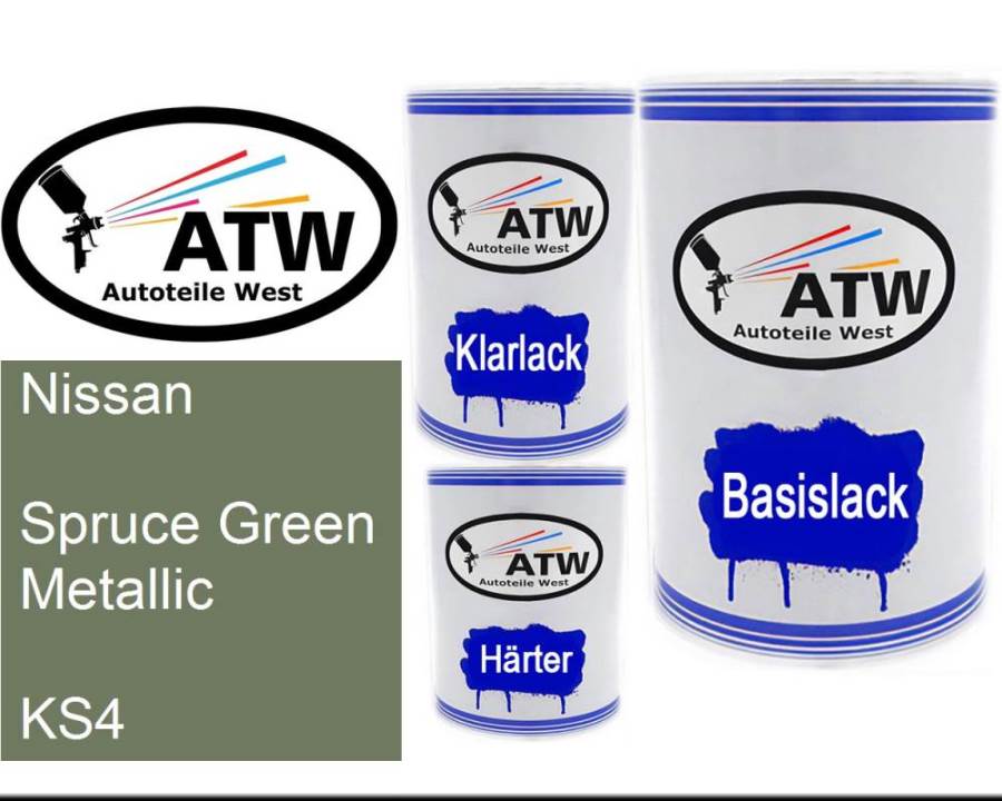 Nissan, Spruce Green Metallic, KS4: 500ml Lackdose + 500ml Klarlack + 250ml Härter - Set, von ATW Autoteile West.